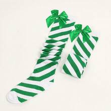 2 pièces/set Chaussettes hautes de Noël à nœud rayé, motif rayé diagonal rouge et blanc bonbon, vert et blanc. Costume de Noël, convient pour les fêtes et les représentations