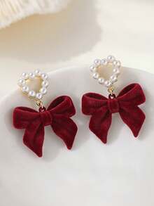 1 对酒红色蝴蝶结心形仿珍珠耳环，情人节礼物，派对礼物，送给家人、朋友、姐妹、情侣的礼物，情人节、妈妈、母亲、母亲节、礼物 - 酒紅色 - 查看 4