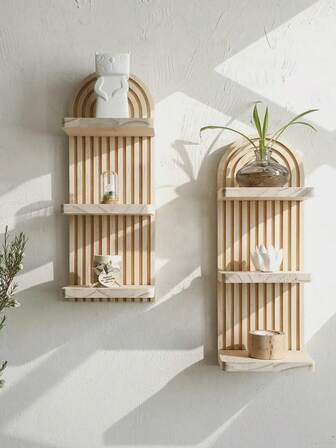 1-3 Layers Wooden Modern Arched Wall Minimalist Floationg Boho Shelf,Geometric Floating Planter Holder, Plant Shelf, Plant Propagation Shelf, Wall Art Candle Holder,Crystal Treasure Small Objects Display Stand,Room Decor For Bedroom,Living Room,Kitchen,Nursery,Gift For Move