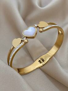 Pulsera elegante de brazalete con diamantes de imitación con forma de corazón para mujeres, pulsera cuadrada de acero inoxidable dorado para uso diario, fiestas, joyería, regalos de Halloween y Navidad