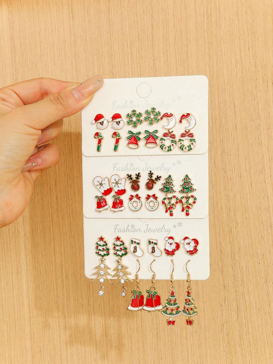 6 أزواج من أقراط مجموعة مجوهرات هدية عيد الميلاد المفاجئة للنساء، قطرات زيتية مرصعة بالراين ستون على شكل شجرة عيد الميلاد والأجراس، تخلق أجواء عيد الميلاد