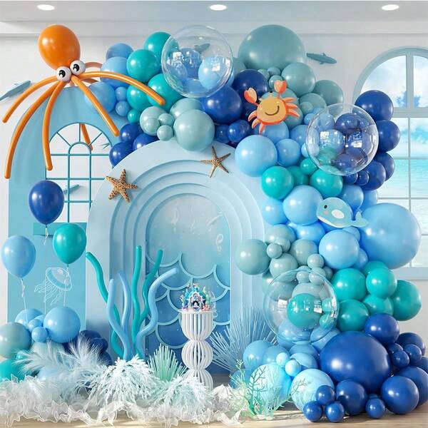 Kit de guirlande d'arche de ballons sous-marins avec des ballons en latex bleu royal, bleu canard, bleu poussiéreux et orange pour la décoration de la fête d'anniversaire ou de la baby shower sur le thème des animaux marins