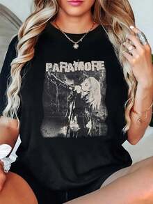 Camiseta de manga corta y cuello redondo con la banda Paramore actuando en el escenario, 100 % algodón, cómoda y suave, para mujer, ideal para vacaciones de verano. - Negro - Ver 1
