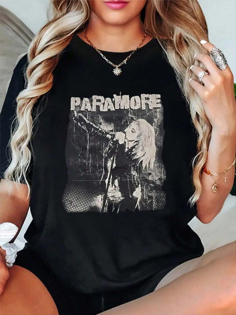 Camiseta de manga corta y cuello redondo con la banda Paramore actuando en el escenario, 100 % algodón, cómoda y suave, para mujer, ideal para vacaciones de verano. - Negro - Ver 1