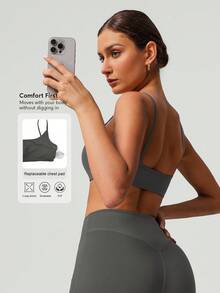 Sodalemon Women Fitness Backless Straight Strap Yoga Training Sport Bra - Dark Grey - View 3