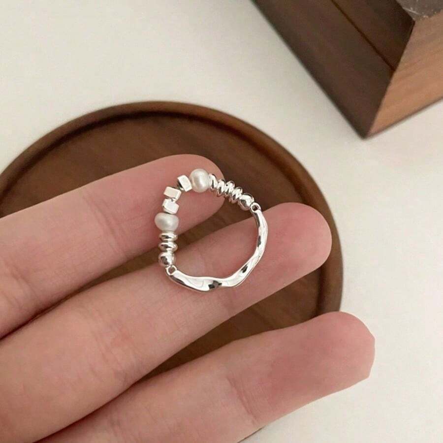Artisan Irregular Silver Pearl Ring For Women, Light Luxury Stackable Index Finger Ring, Unique Geometric Statement Ring,  Finger Jewelry