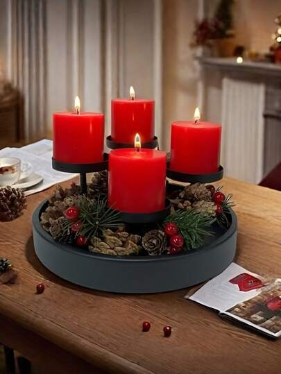 4-Candle Holder Iron Round Tray, Candles Not Included, Suitable For Christmas And Other Holiday Home Decor