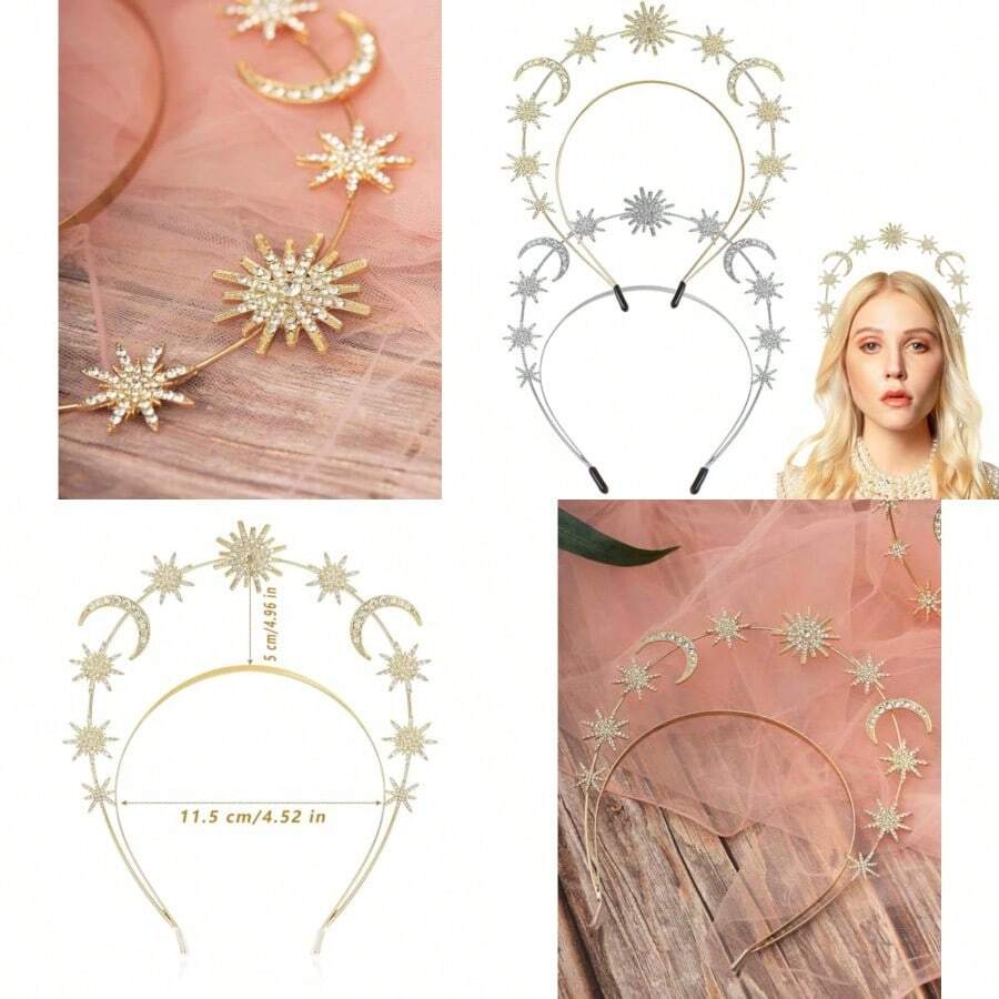 2 Pcs Crystal Halo Crown GoldandSliver Star Baroque Headband Goddess Headpiece Bridal Wedding Tiara And Crowns Hair Accessories For Women And Girls Gold And Sliver
