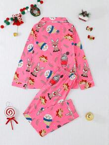 2pcs/Set Girls & Teens Casual Cartoon Christmas Deer & Bell Print Lapel Long Sleeve Cardigan And Pants Sleepwear Set, Flame Retardant, Suitable For All Seasons & Christmas - Pink - View 2