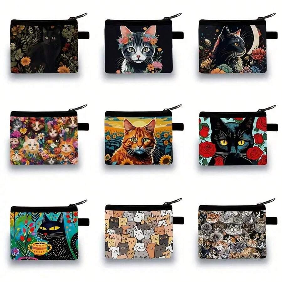 1个可爱猫咪零钱包，涤纶材质，拉链封口，轻便，男女通用，女士钱包，迷你钱包，旅行钱包，零钱包，小钱包，钥匙扣钱包 - 彩色 - 查看 1
