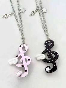 1pc Polka Dot Music Note Necklace, Fuchsia/Black/Purple Music Note Necklace, Unique Music Note Necklace, Handmade Retro Music Note Necklace For Girls, Indie Sweet Sweater Chain Single Wing Angel Subculture Choker, Holiday Gift Necklace, Suitable For Party/Casual Wear And Events