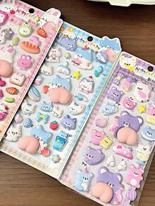 3D Soft & Fluffy Rabbit & Bear Party Stickers, Suitable For Scrapbooking, DIY Diary, Stationery Decoration, School & Office Supplies - Multicolor - View 4