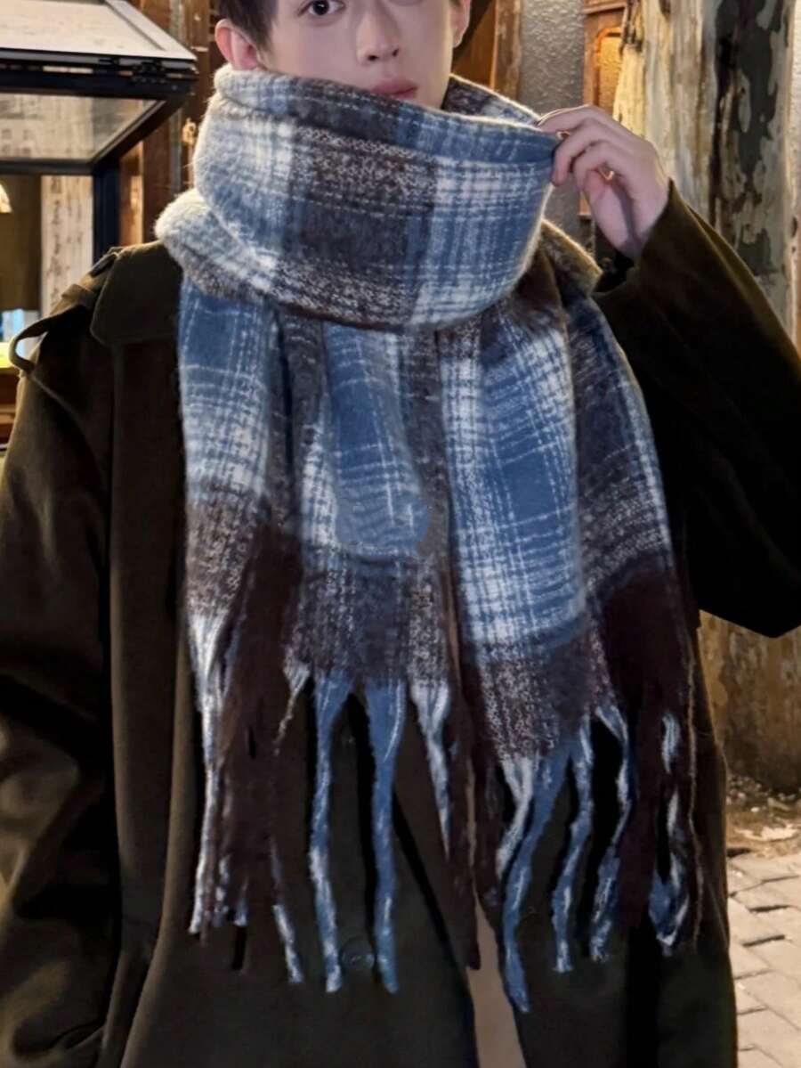 1pc Men's And Women's Autumn/Winter Korean Blue Plaid Warm Scarf, High-End Mohair Plaid Fringe Scarf Shawl, Versatile Warm Couple Scarf, Suitable For Daily Use