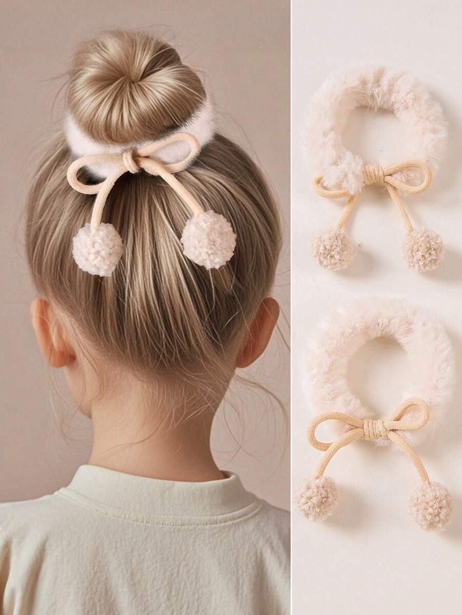 2pcs/Set Girls Autumn/Winter Plush Cream White Cherry Knitted Headband Hair Accessories, Cute Princess Style, Suitable For Daily Use - Multicolor - View 1