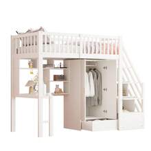 Loftsäng med inbyggd garderob, skrivbord och hyllor: 90x200cm multifunktionell sängram i trä med förvaringstrappa, platsbesparande design, vit - Vit + Massivt trä + 90 cm * 200 cm-4 - Visa 5