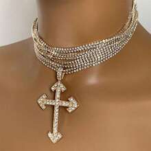 1pc Fashionable European And American Style Exaggerated Multilayer Necklace With Full Rhinestones, Personality Pendant Party, Collarbone Chain Jewelry - 金子 - 查看 2