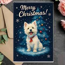 1 pièce Carte de vœux de Noël Westie - Un chien Westie avec un sapin de Noël, des flocons de neige et un nœud rouge sur un fond bleu marine d'hiver enneigé - Cadeau de vacances pour les amateurs d'animaux de compagnie - Conception mignonne de West Highland Terrier blanc - Parfait pour les propriétaires de Westie - Carte de vœux festive pour les amis et la famille - Illustration thématique de la saison hivernale confortable - Cadeau de Noël idéal pour les amateurs de chiens, également adapté comme carte de Noël amusante ou carte postale