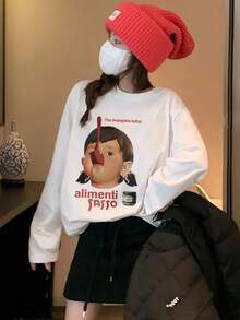 Women's Loose Fit Cartoon Girl & Letter Print Cotton Long Sleeve T-Shirt, Versatile For Spring & Autumn - White - View 3