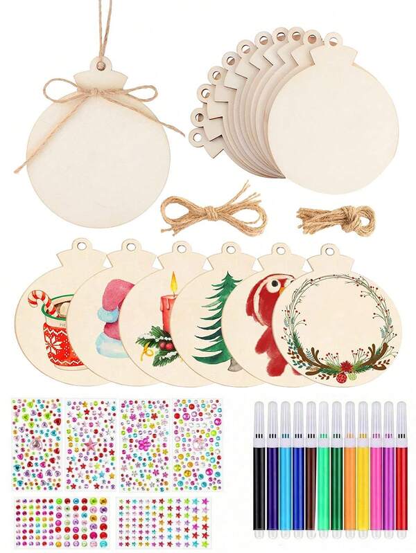 10 Pieces Classic Christmas Wooden Ornaments - Holiday Theme Transparent Christmas Tree Hanging Decorations, DIY Handmade, No Electricity Required, Color Pencils, Colored Rhinestones