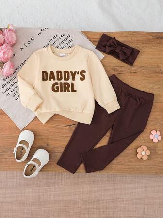 3pcs Girls Casual Letter Embroidered Long Sleeve Sweatshirt, Solid Color Pants And Bow Headband Set, Suitable For Daily And Outdoor Wear, Autumn/Winter