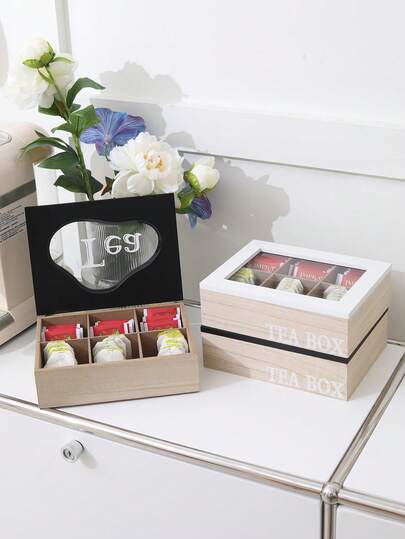 1pc Wooden Tea Box With Glass Lid, 6 Compartments Tea Bag Organizer, Coffee Storage Container, Decoration For Kitchen, Dining Room, Cafe