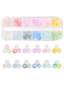 19,2 g/set 12 colores cuentas acrílicas transparentes con escarcha, flores, con lámina de oro, colores mezclados, 5,5~6x3 mm, orificio: 1,5 mm, 1,6 g/color