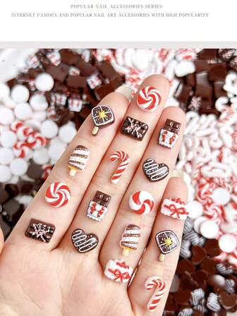 圣诞卡通拐杖糖、棒棒糖、冰淇淋、巧克力蛋糕树脂 DIY 美甲装饰，可爱甜美饼干指甲饰品耳环