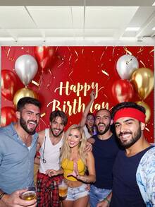 1 Stück rote und goldene "Alles Gute zum Geburtstag" Fotografie Hintergründe mit Glitzersternen, Luftballons, goldenem Band, Party Banner 150 x 100 cm / 210 x 150 cm / 270 x 180 cm Foto Hintergrund für Innen- und Außenbereich, Babyparty Dekoration