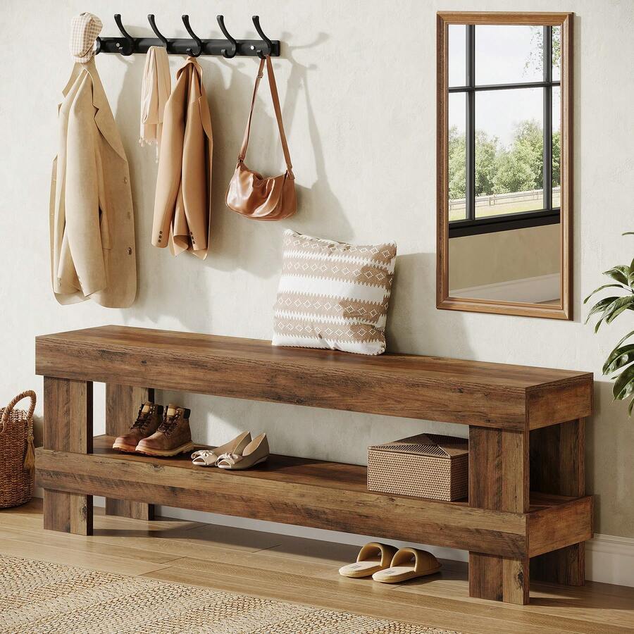 Tribesigns 59-Inch Entryway Bench With Storage, 2-Tier Farmhouse Shoe Bench Seat, Narrow Long End Of Bed Storage Benches For Bedroom, Entryway, Hallway, Indoor,Living Room