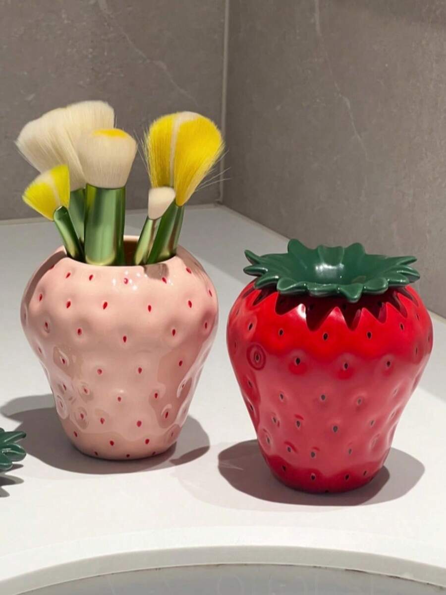 1 peça de suporte para pincéis de maquiagem em formato de morango, organizador de cosméticos fofo para penteadeira, suporte portátil para pincéis de maquiagem de viagem com tampa de folha, caixa de armazenamento decorativa para pincéis, presente ideal para amantes de maquiagem, acessório de penteadeira estético funcional