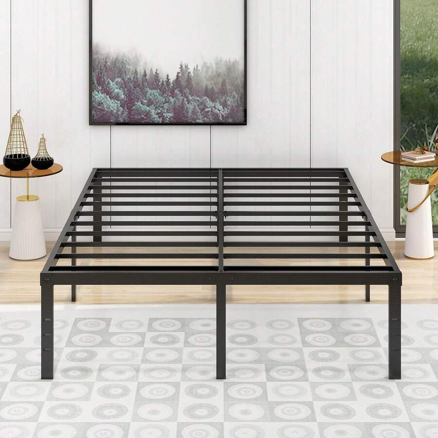 Alazyhome - Marco de cama de metal de 18 pulgadas, tamaño, plataforma resistente, soporte de listones de acero sin ruido, fácil montaje, sin ruido, no requiere somier, color negro - aire - Ver 1