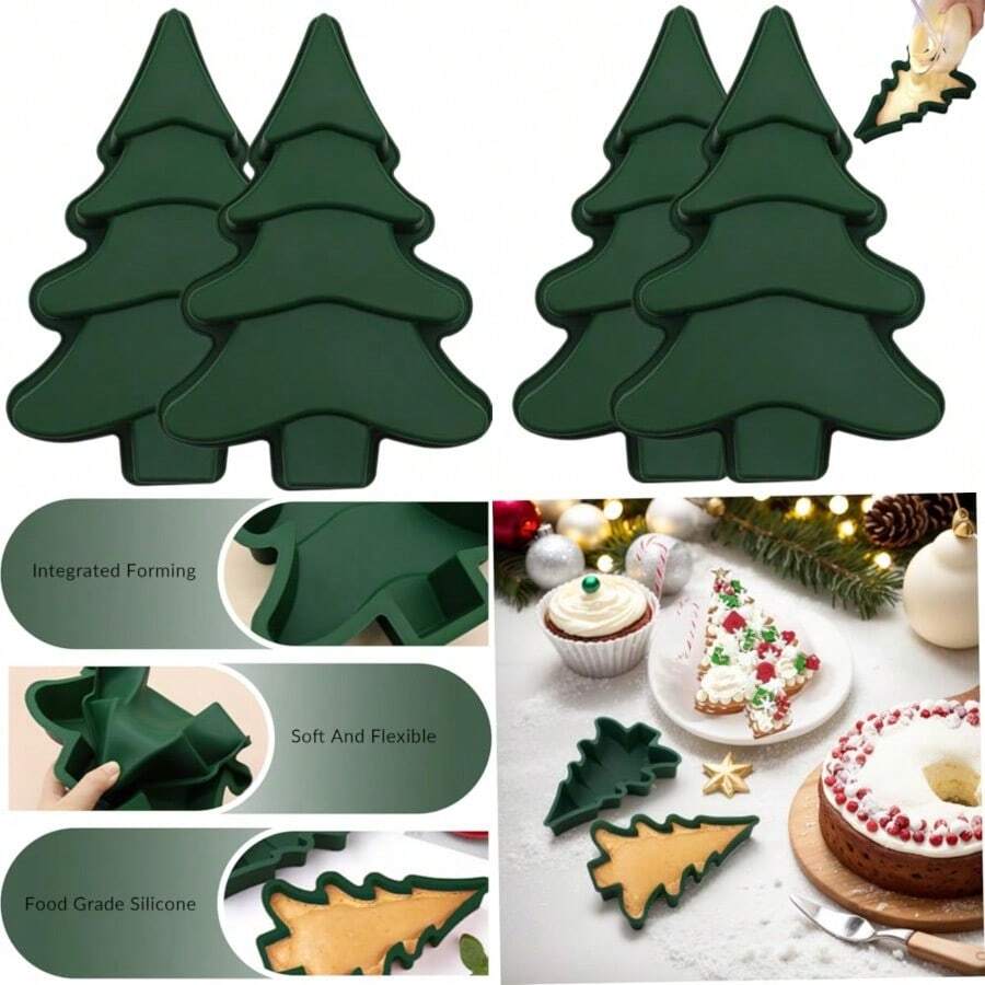 2Pcs Christmas Silicone Molds 3D Green Christmas Tree Molds Flexible Easy Release Tree Baking NonStick Baking Bakeware Tray for Cake Chocolate Soap - Verde - Ver 1