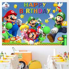 马里奥主题挂毯 - 生日主题背景，卡通人物图案 - 生日派对装饰、节日装饰、主题派对装饰、摄影棚道具 - 多种尺寸可选 - 彩色 - 查看 5