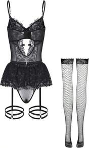 Foxiny Sexy Stocking Underwire Push Up Rhinestones Heart Floral Lace Mesh Sheer Garter Bodysuit Skirt Lingerie Set 3 Piece - MàuP - Xem 2