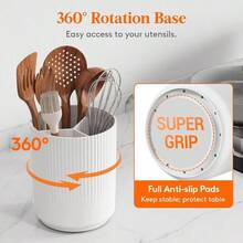 - Soporte para utensilios para encimera de cocina, cubiertos con base giratoria antideslizante, 3 compartimentos grandes, organizador de cubiertos con drenaje en, color blanco, 1 paquete - Blanco - Ver 4
