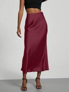 Mobula Sound 性感修身缎面美人鱼裙，面料光滑，适合派对、休闲、时尚、优雅的女装，飘逸裙 - 酒紅色 - 查看 7