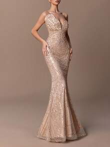 女士奢华露肩美人鱼晚礼服 - 珍珠饰边缎面肩部，全亮片和珠饰，后系带设计 - 非常适合婚礼、晚宴、颁奖典礼和晚会 - 香檳色 - 查看 5