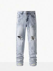 Men Ripped Skinny Jeans - Light Wash - View 3