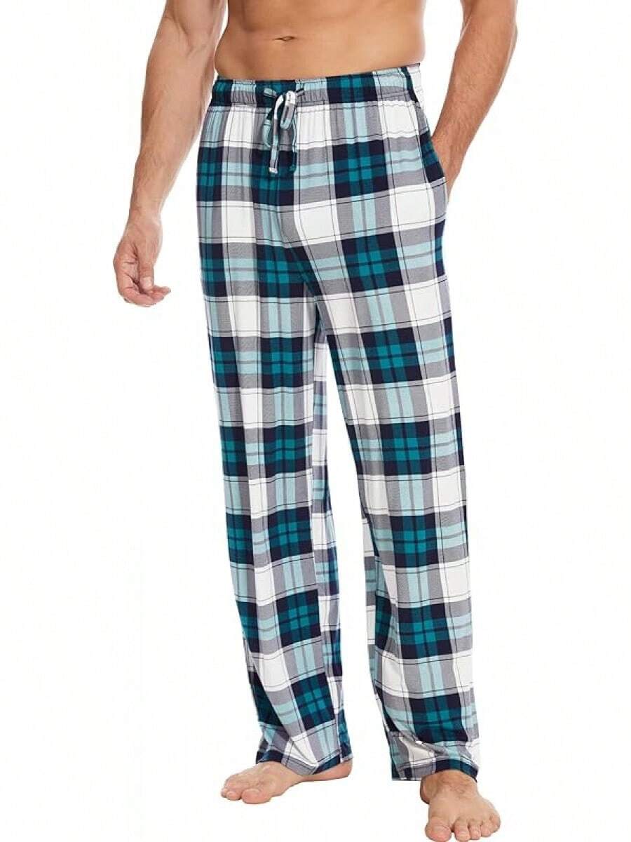 Mens Pajama Pants - Viscose Made From Bamboo, Soft Sleep Pants Comfy Drawstring Lounge Bottom With Pockets Sweatpantshalloween - White & Green Plaid - View 1