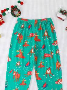 2pcs/Set Girls & Teens Casual Cartoon Christmas Deer Print Lapel Long Sleeve Cardigan And Pants Pajama Set, Flame Retardant, Suitable For All Seasons & Christmas - Green - View 9