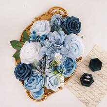 Artificial Flowers Combo Box Set, Blue Fake Flowers Roses Bridal Bouquets Out/Indoor DIY Centerpieces White Flowers For Decoration Arrangements Party Baby Shower - 藍色 - 查看 5
