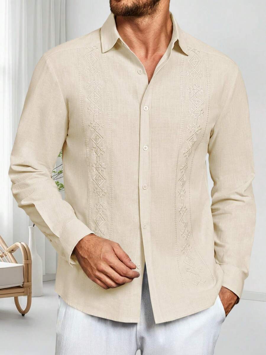Men's Casual Cotton Linen Button Down Shirts Cuban Guayabera Shirt Long Sleeve Summer Beach Tops - 米色 - 查看 1