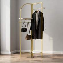 UNHO Heavy Duty Clothes Rack Modern Simple Golden Rail Open Wardrobe Metal Stand With Marble Storage Tier - 金色 - 查看 9