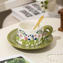 Vintage Ceramic Mug, Optimized Coffee Mug, Afternoon Tea Mug With Coaster And Spoon