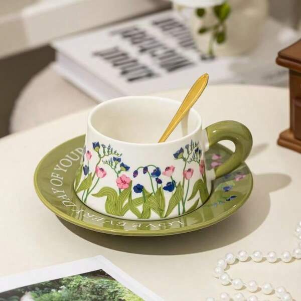 Vintage Keramiktasse, optimierte Kaffeetasse, Nachmittagsteetasse mit Untertasse und Löffel