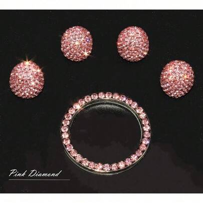 4Pcs Crystal Rhinestone Universal Tire Valve Dust Caps Bling Car Accessories With 1Pcs Auto Engine Start Stop Decoration Crystal Interior Ring,Give Her The Best Gift (Pink)