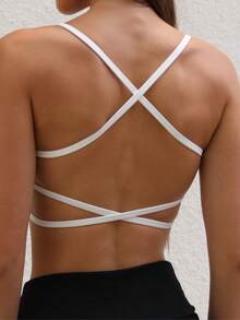 Cross Back Sports Tank Top, Show Your Beautiful Back Summer Tops - White - View 1