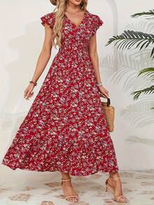 Women's A-Line Summer Dress, Ruffled Sleeves, V-Neck, Floral Print, Elastic Waist - 紅色 - 查看 3