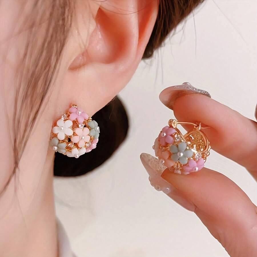 1 Pair Cute Women Colorful Floral Hoop Earrings Jewelry Accessories Valentine's Day Party Gift Fashion Women Earrings Birthday/Engagement/Holiday Gifts Everyday Jewelry, Elegant Accessory - 如圖所示 - 查看 1