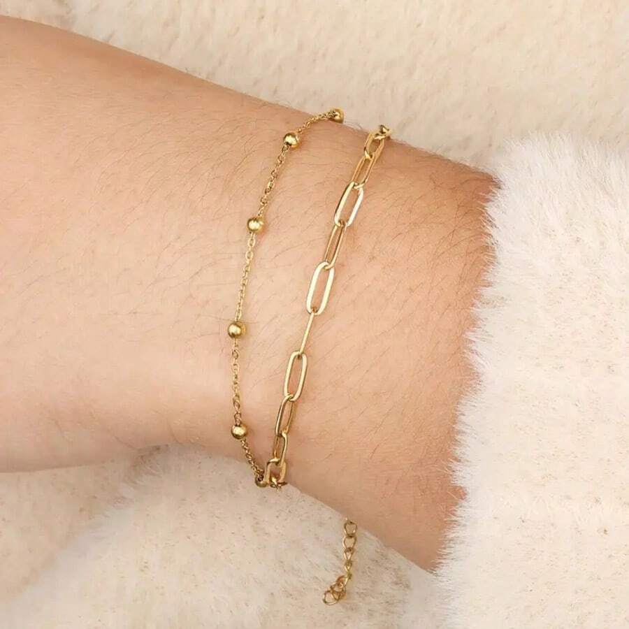 1pc Elegant Minimalist Stainless Steel Double Layer Bracelet, Suitable For Women, Daily And Holiday Wear, Valentine's Day Gift, All Season Jewelry